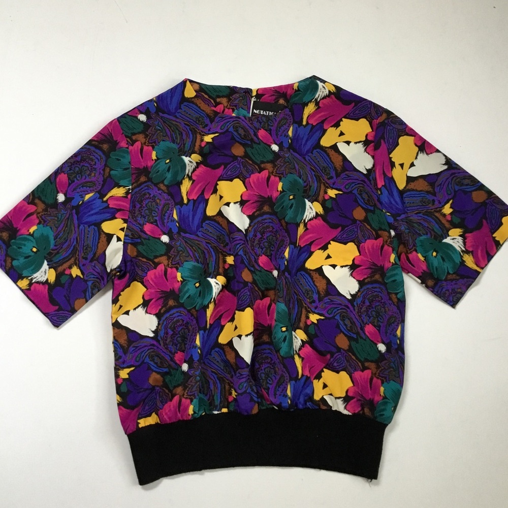 Vintage 80s Notations Top Blouse Bold Colors Floral Retro Career Wear
